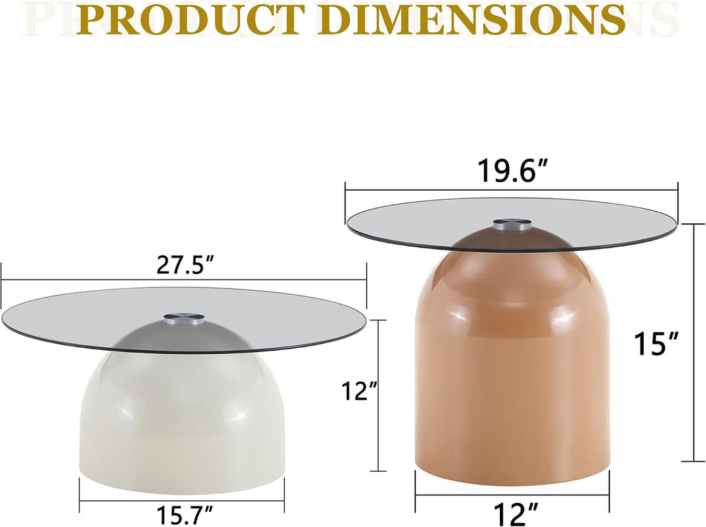 WILLIAMSPACE Round Nesting Coffee Table Set of 2 with Tempered Glass Top, Modern Center Tables with Carbon Steel Base for Living Room, Accent Tea Table, Easy Assembly, 27.5" & 19.6", Grey＋Brown