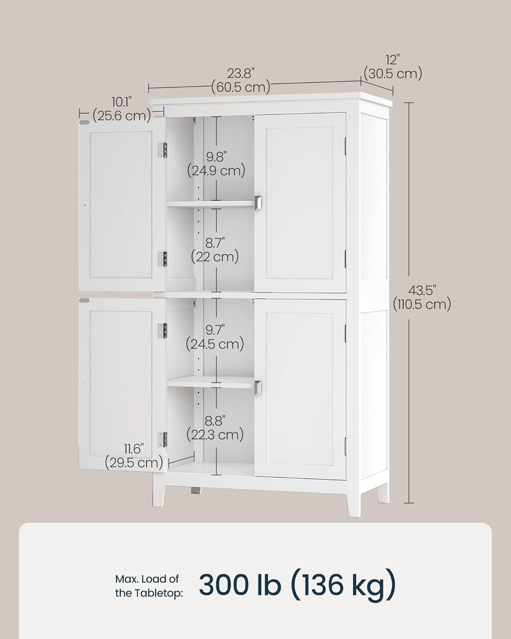 SONGMICS HOME Freestanding Storage Cabinet, Floor Cabinet with Elevated Legs, Metal Handles, for Living Room, Kitchen, Bathroom, White