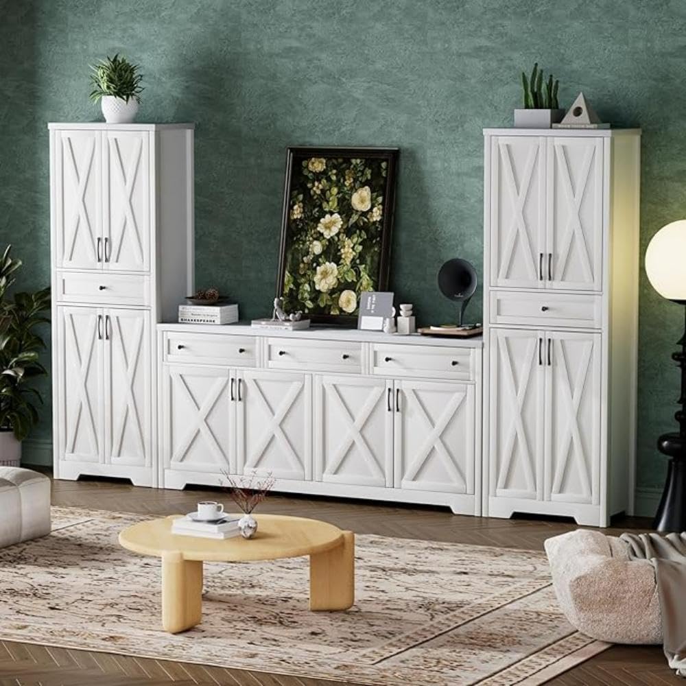Lyromix 3 Pieces Sideboard and Pantry Set with Storage, White Farmhouse Wall Unit Entertainment Center, Large Kitchen Sideboard Buffet Pantry Cabinet with Drawers