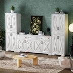 Lyromix 3 Pieces Sideboard and Pantry Set with Storage, White Farmhouse Wall Unit Entertainment Center, Large Kitchen Sideboard Buffet Pantry Cabinet with Drawers