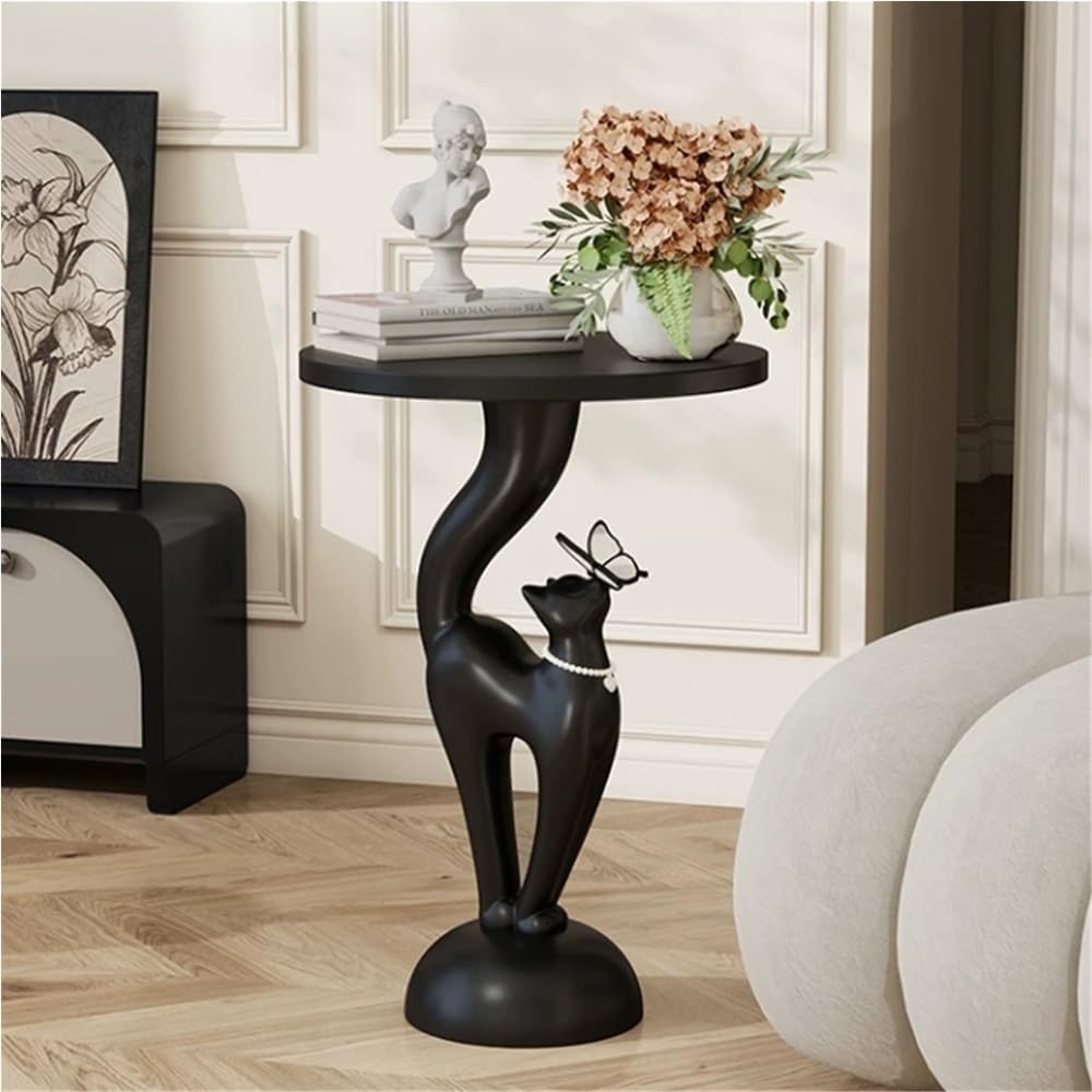Elegant Resin Cat Sculpture Side Table with Tray, Modern Creative Bedside Table, Art Accent Tables for Living Room Bedroom Apartment Office Small Spaces Funky Furniture for Home Decor(Black,Large)