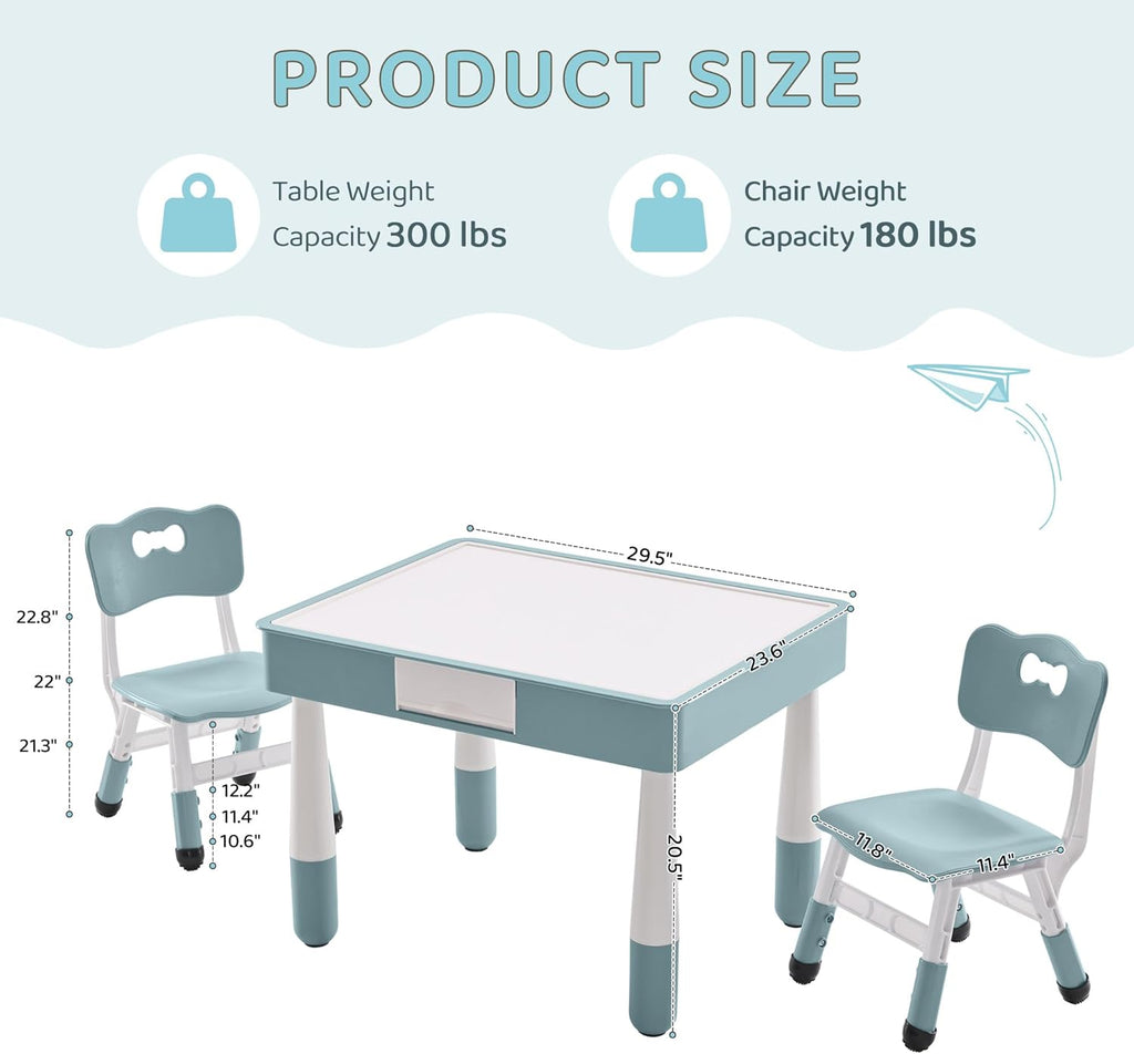 DOREROOM 4 in 1 Kids Table and 2 Chairs Set with Storage, Toddler Table and Chair Set for Kids Ages 3-10, Graffiti & Building Blocks Double-Sided Tabletop (Grayish Blue, 2 Chairs)