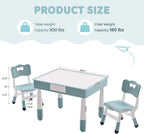 DOREROOM 4 in 1 Kids Table and 2 Chairs Set with Storage, Toddler Table and Chair Set for Kids Ages 3-10, Graffiti & Building Blocks Double-Sided Tabletop (Grayish Blue, 2 Chairs)