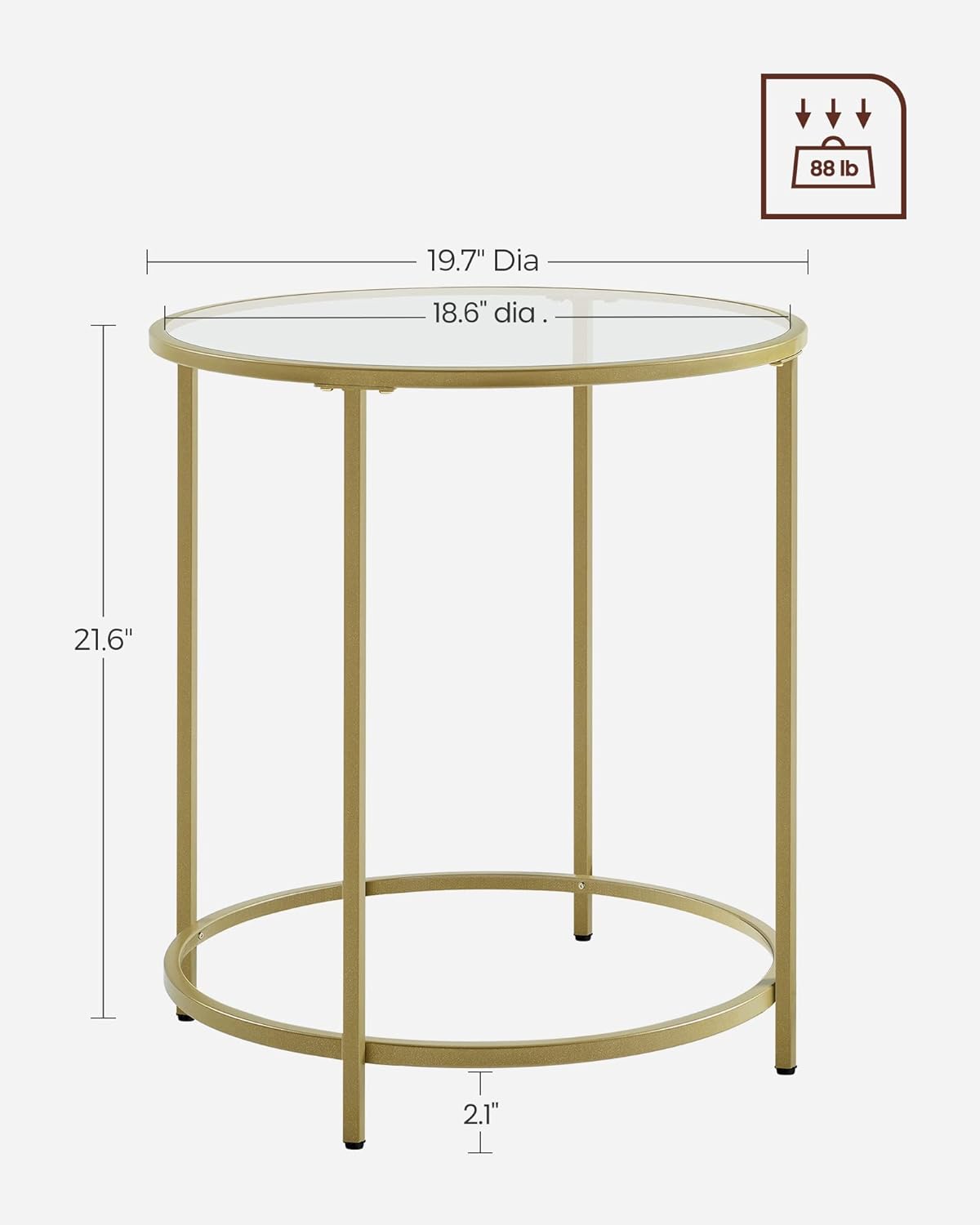 VASAGLE Round Side Table, Glass End Table with Metal Frame, Gold Coffee Table with Modern Style, for Living Room, Balcony, Bedroom, Gold Color