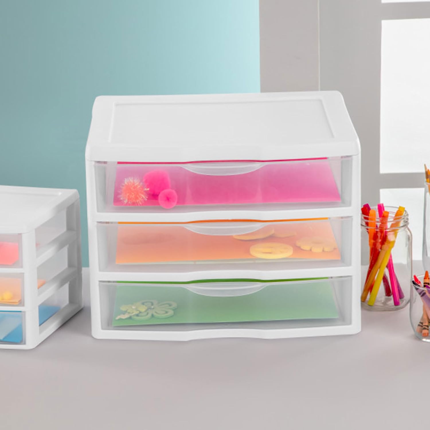 Sterilite 3-Pack Wide 3 Drawer Unit, Plastic Desktop Organizer with Clear Drawers, White Frame - Stackable Multi-Purpose Storage for Office Supplies, Craft Rooms, Classrooms and Home Organization