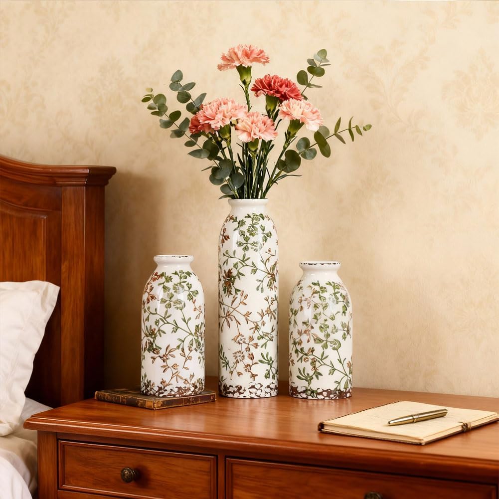 Green Ceramic Vase Set of 3 - Modern Rustic Farmhouse Style, Decorative Vases for Dining Table, Shelf, Bedroom, Living Room, Kitchen, Office, Bathroom, Mantle, Centerpiece Décor (Green)