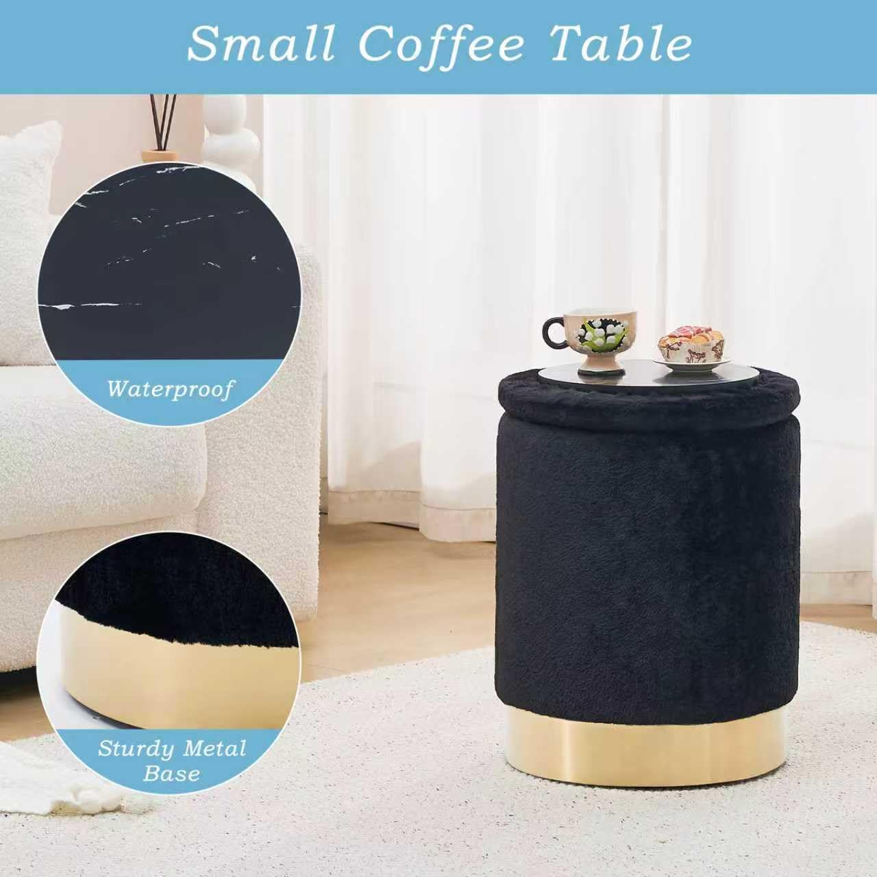 Storage Ottoman,Metal Base Vanity Stool Chair,Modern Round Footstool with Soft Padded Seat,Multipurpose Sofa Table or Plant Stand for Hallway,Living Room and Lounge (Black-Short Plush)