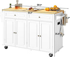 Squireewo 59" Kitchen Cart with Wood Top and Drop Leaf Breakfast Bar, Rolling Mobile Kitchen Island Table on Wheels with Drawer and Storage Cabinet, Spice Rack, Towel Rack, White