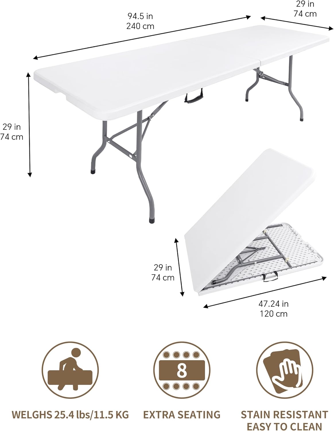 8 Foot Folding Table Portable, 8FT Folding Dining Table for Indoor Outdoor, Heavy Duty Fold-in-Half Plastic Long Large Rectangular Utility Card Tables for Picnic Camping Party, 95x29 inch