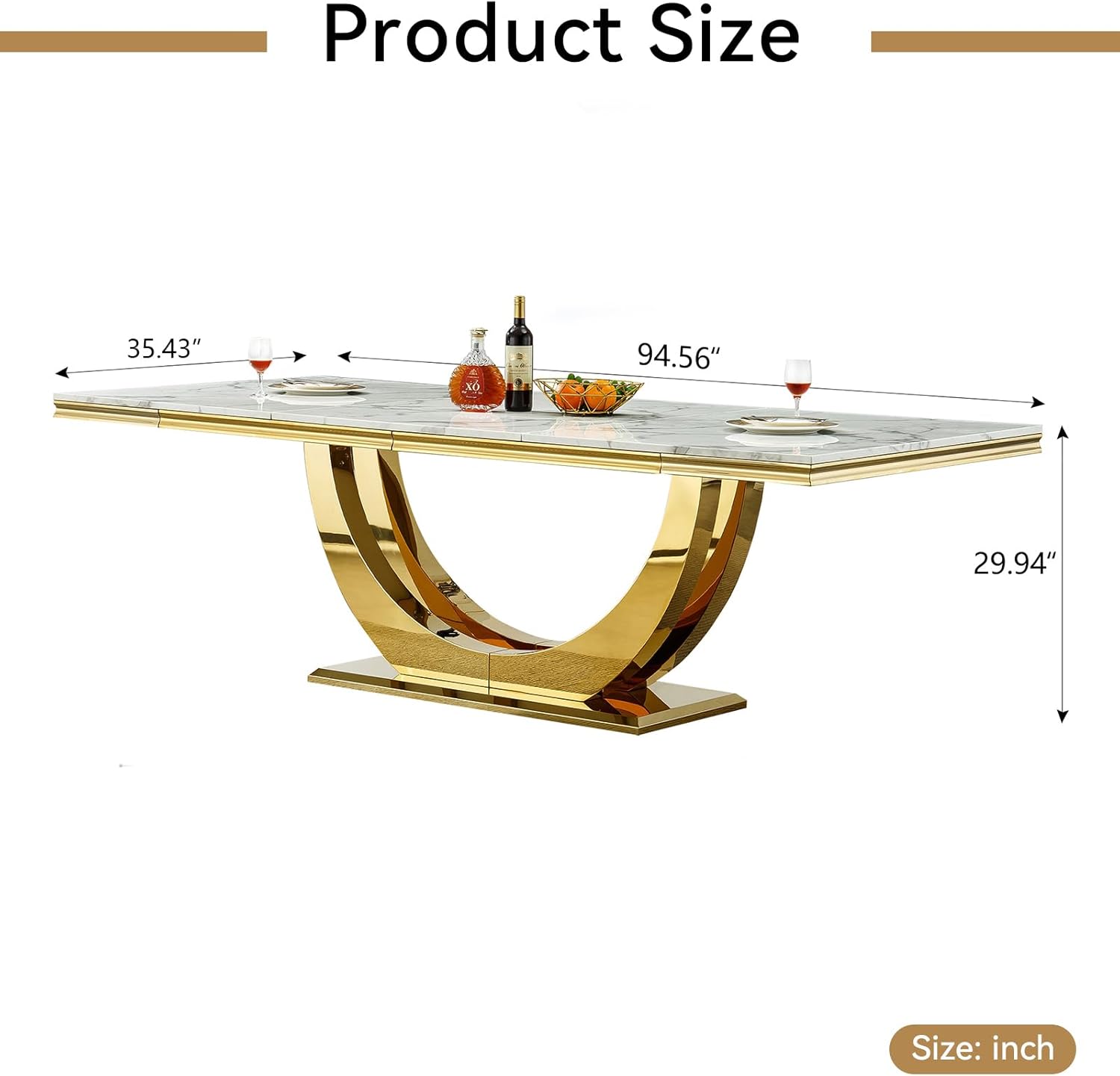 94 in Luxury Faux Marble Dining Table for 6 8 10 People, White Faux Marble Dining Table with Gold U Shaped Stainless Steel Base, Large Rectangular Modern Kitchen Dining Room Table for Family Gathering