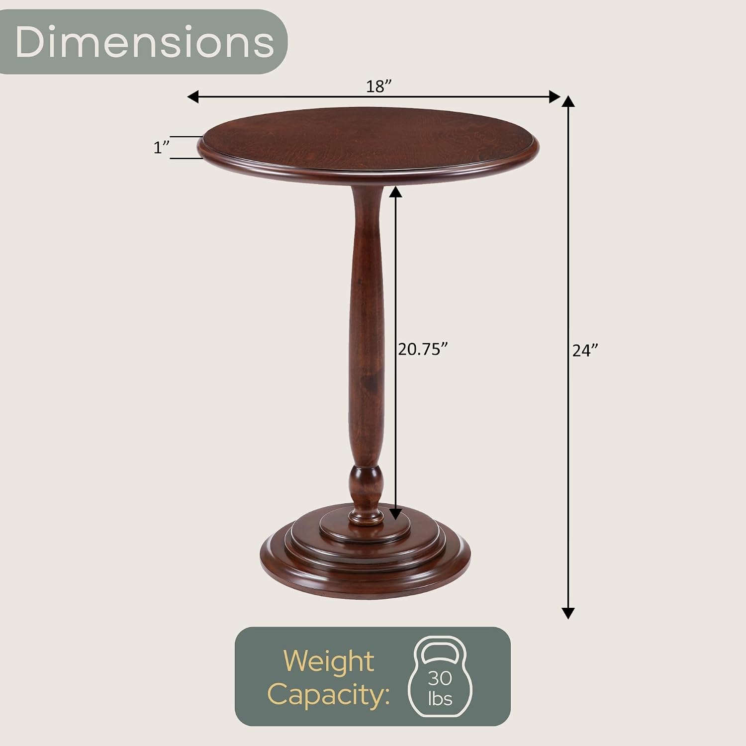 Convenience Concepts Classic Accents Amelia Spindle Table 18" - Traditional Solid Wood Round Side Accent, Display Pedestal for Transitional Living Room, Entryway, Hallway, or Bedroom, Espresso