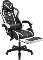 HOFFREE RGB Gaming Chair with Speakers Massage Computer Gaming Chair with LED Lights and Footrest High Back Video Game Chair for Adults White and Black