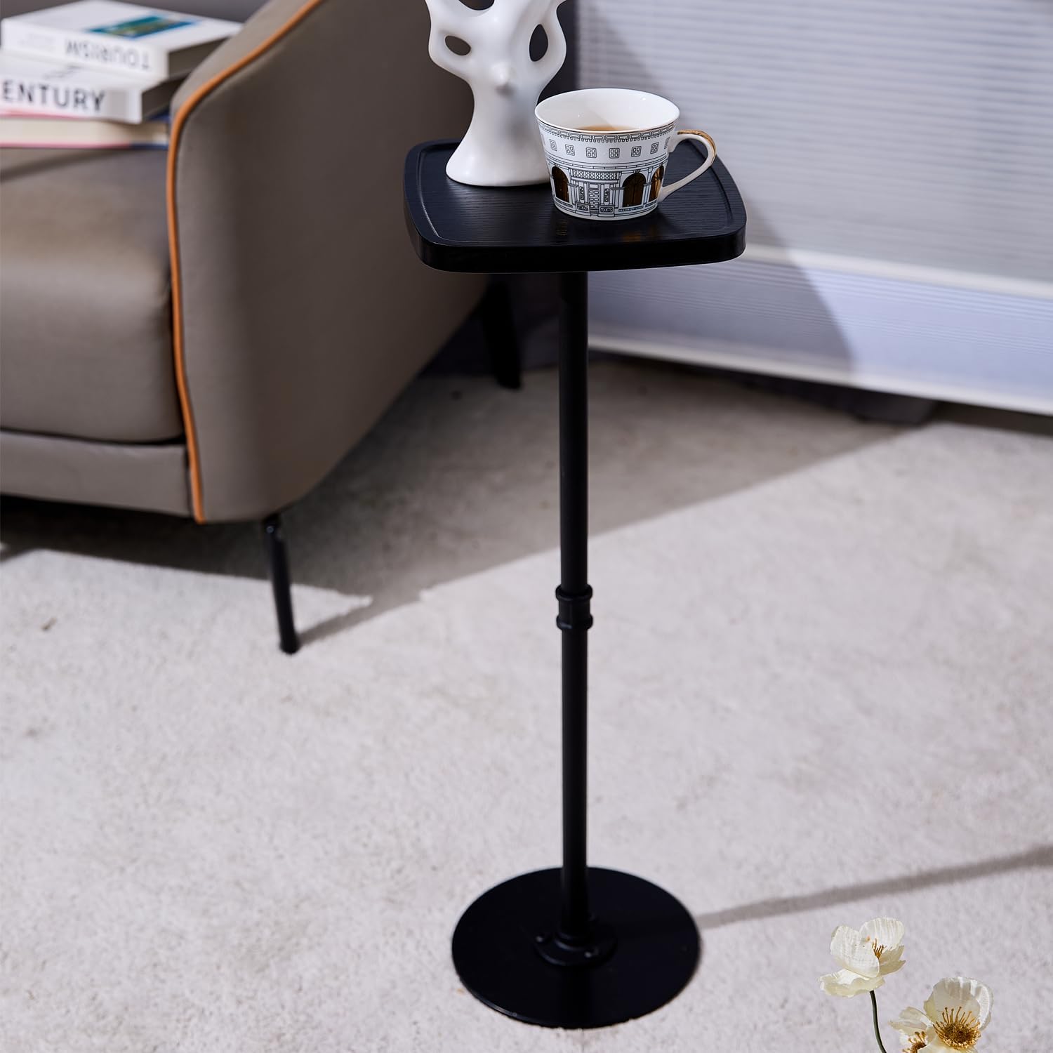 Drink Table, Small Pedestal Side Table, Cocktail Martini Tables Drink Stand, Modern Square Tiny Accent End Table with Metal Base for Small Spaces Living Room Bedroom Office Bar (Black)