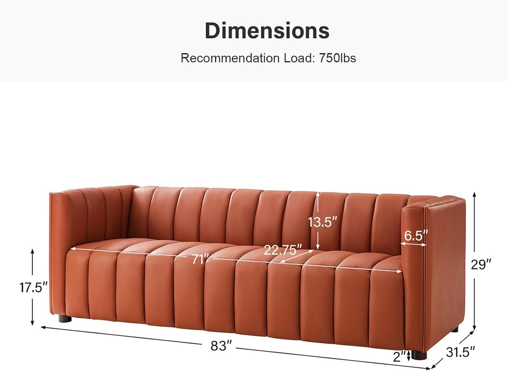 HULALA HOME 83" Genuine Leather Sofa with Channel Tufted Design, 3-Seater Sofa for Living Room Bedroom, Modern Oversized Couch with Wood Legs, Brick
