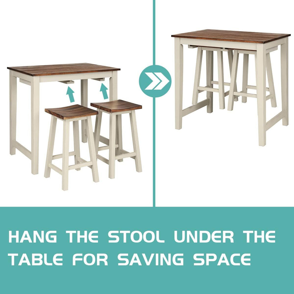 Giantex 3 Piece Pub Dining Set, Counter Height Pub Table with 2 Saddle Bar Stools, Tavern Collection Table Set for Living Room, Kitchen, Small Space (Brown & Milky White)