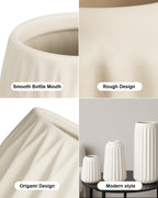 White Ceramic Vases Set of 3 – Modern Ribbed Vase Centerpieces for Pampas Grass, Eucalyptus, Dried or Fresh Flowers, Minimalist Home Decor for Living Room, Bookshelf, Table & Office