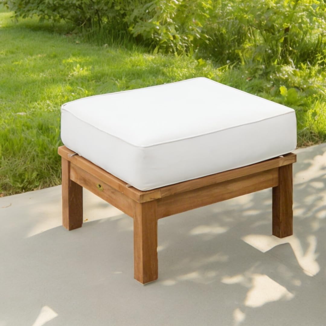 Alveare Home Alcove Outdoor Ottoman – Grade-A Teak Frame with All-Weather Sunproof Cushion, Stainless Steel Hardware, Classic Patio Seating or Footrest, White