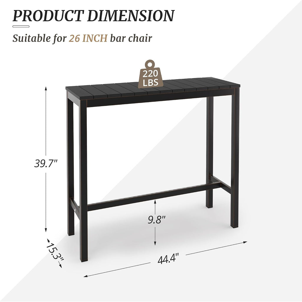 Cozyman Outdoor Bar Table, 45" Patio Bar Height Counter Console Table, Black Waterproof HDPS Slatted Top and Bronze Leg, Weather Resistant, Hot Tub, Balcony, Yard, Indoor or Outdoor Use