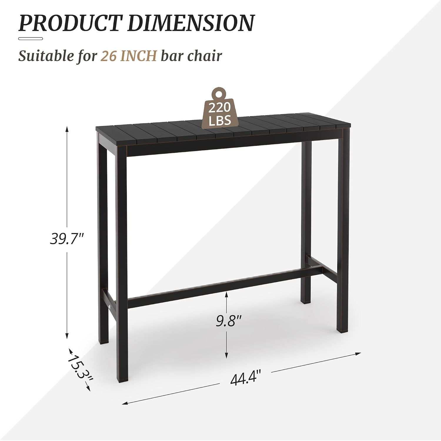 Cozyman Outdoor Bar Table, 45" Patio Bar Height Counter Console Table, Black Waterproof HDPS Slatted Top and Bronze Leg, Weather Resistant, Hot Tub, Balcony, Yard, Indoor or Outdoor Use