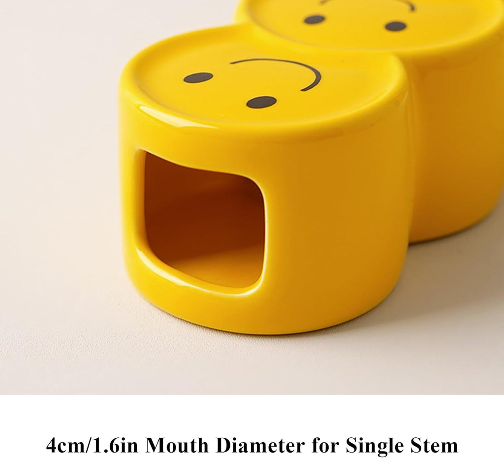 Smile Face Ceramic Vase, 7.3in Glossy Yellow Happy Face Home Office Decor, Playful Desk Ornament for Office, Mood Boosting Gift Men Women