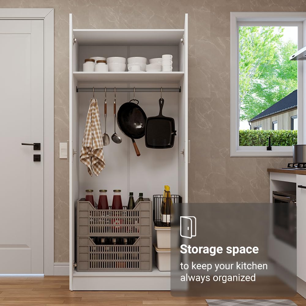 Madesa Kitchen Pantry Storage Cabinet with 2 Doors, Ample Shelf and Hanging Space 31 Inch Utility Armoire Organization Unit - White