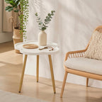 danpinera Round Side Table, Metal Legged Accent Table with Wooden Tray, Flower Tray Small Round End Table for Living Room, Bedroom, Nursery White & Gold