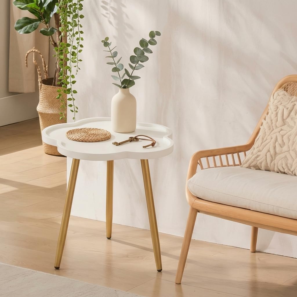 danpinera Round Side Table, Metal Legged Accent Table with Wooden Tray, Flower Tray Small Round End Table for Living Room, Bedroom, Nursery White & Gold