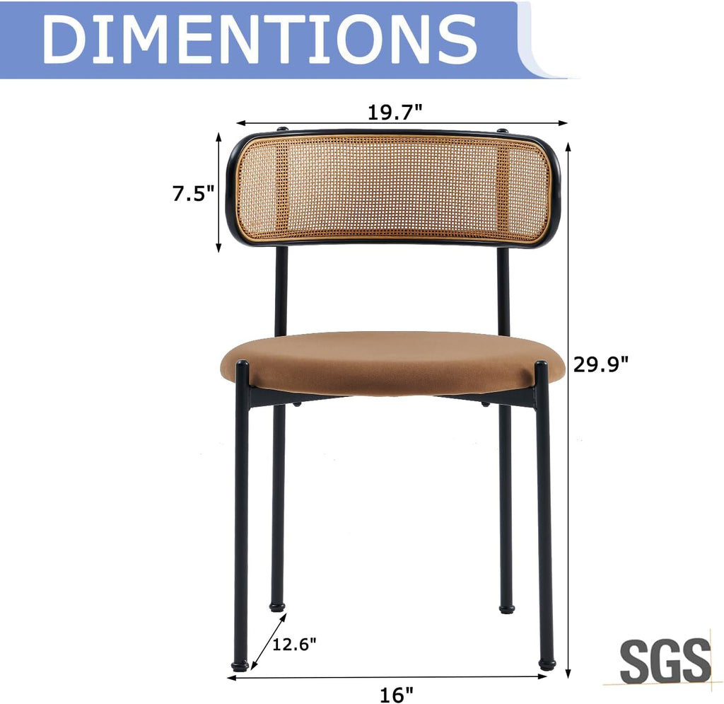 Rattan Dining Chairs Set of 6, Mid Century Modern Dining Chairs with Cane Back and Boucle Upholstered Seat, Farmhouse Kitchen Chairs for Dining Room and Living Room, Brown