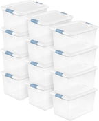Sterilite 12-Pack Latching Box, Clear Plastic Under Bed Storage Bins with Lids, 64 Quart - Large Stackable Tote Organizer Containers for Closet, Bedroom, Bathroom, and Office Organization