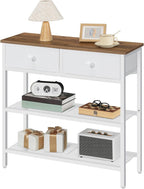 HOOBRO 29.5" Narrow Console Table with 2 Fabric Drawers, Sofa Table, Small Entryway Table with 3-Tier Storage Shelves, Behind Couch Table, for Living Room, Hallway, Walnut and White WH72XG01