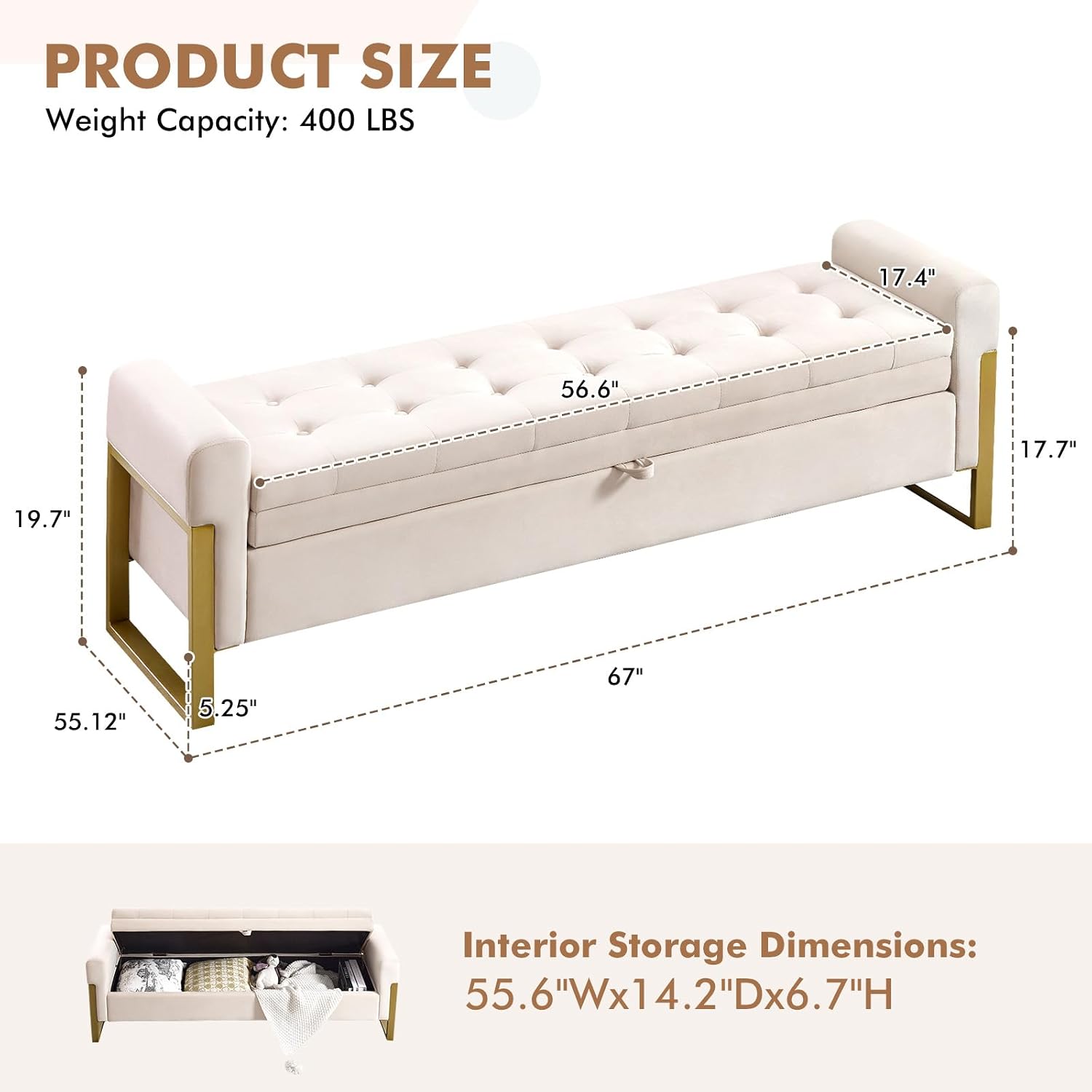 67" Storage Bench for Bedroom, King Size End of Bed Bench, Upholstered Storage Ottoman Bench with Golden Metal Legs, Bedroom Bench for Entryway, Beige