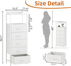 Somdot Tall Nightstand with 5 Drawers, Vertical Fabric Dresser for Bedroom | Storage Tower for Bedside, Hallway, Entryway, Kids Room and Closet, White