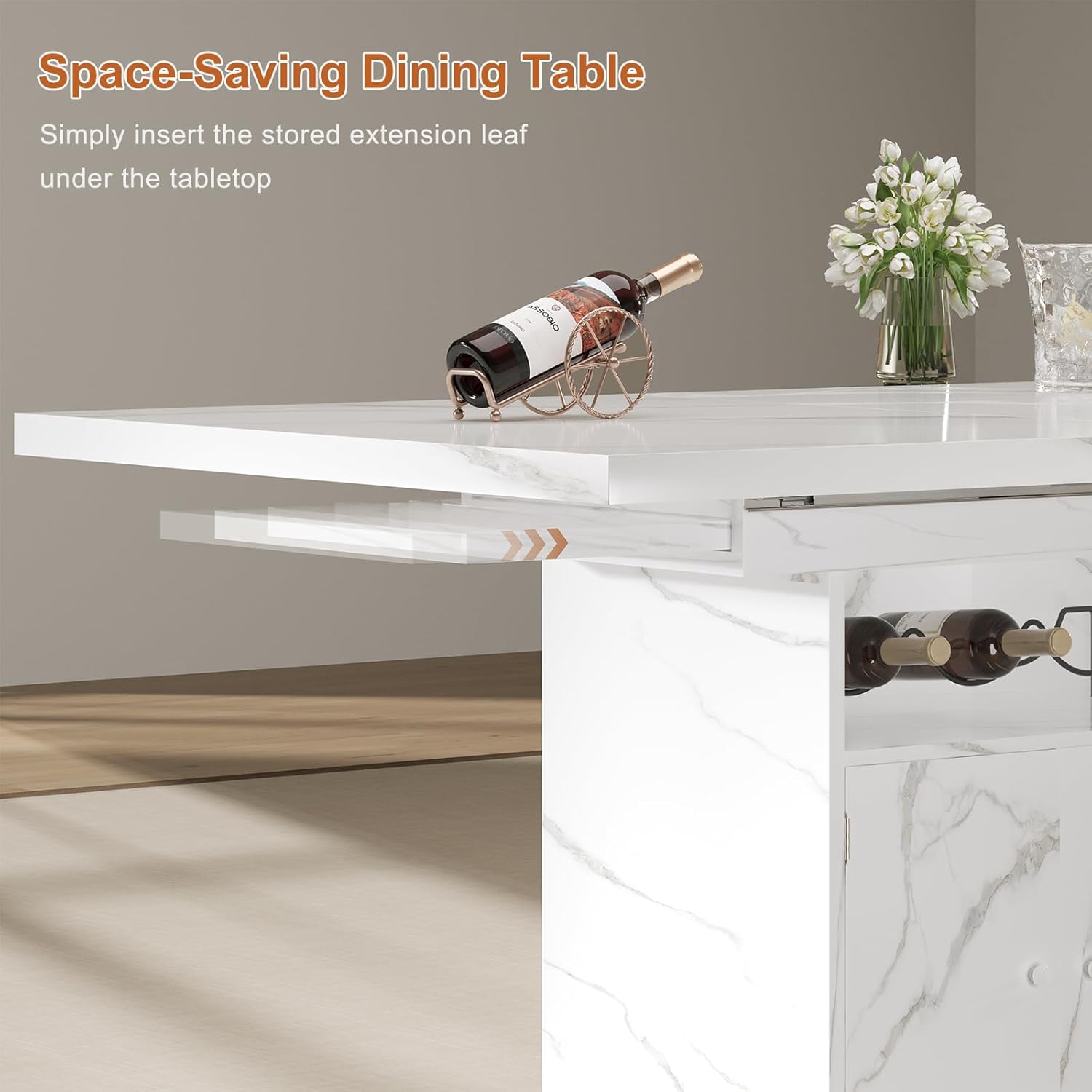 Extendable Dining Table for 4-6, 47-63 Inch Faux Marble Extendable Dining Room Table, Modern Expandable Rectangle Kitchen Dining Table with Storage for Kitchen Living Room