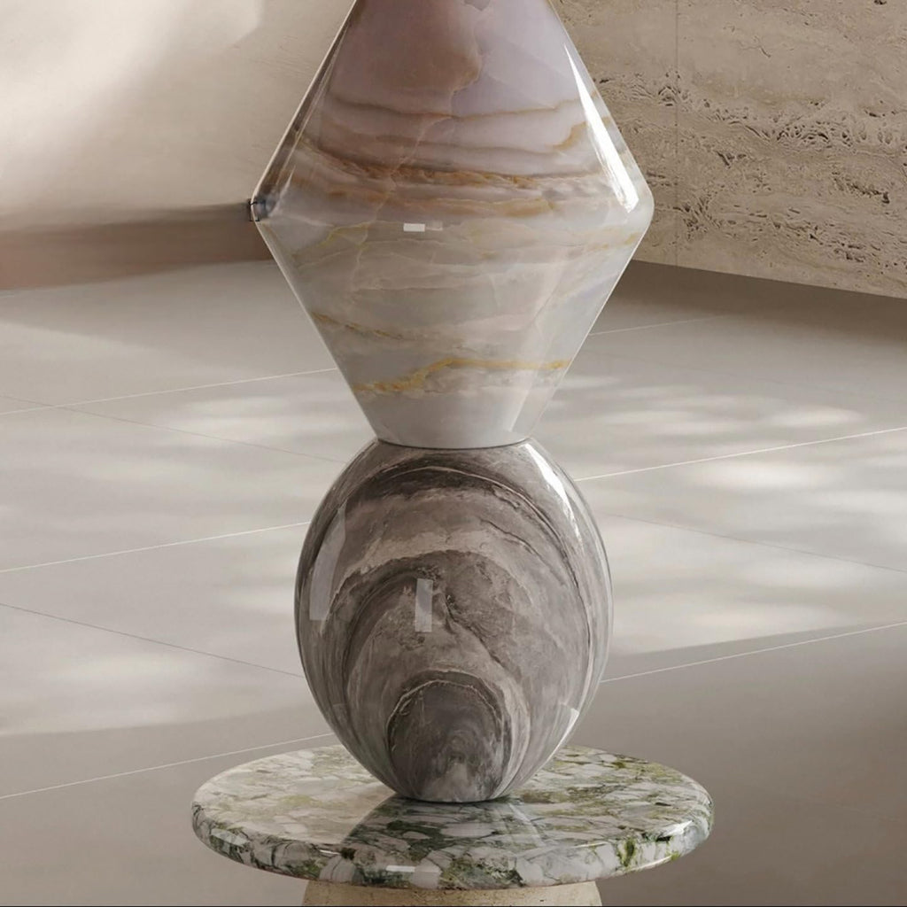Modern Marble Side Table, Round Accent Table with Sculptural Stone Base, Luxury Small Coffee Table for Living Room, Bedroom, Sofa End Table
