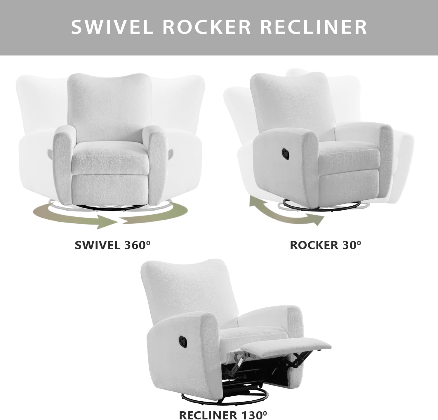Oxford Baby Synergy Glider Recliner Rocking Chair 360° Swivel for Nursery and Living Room - Plush White