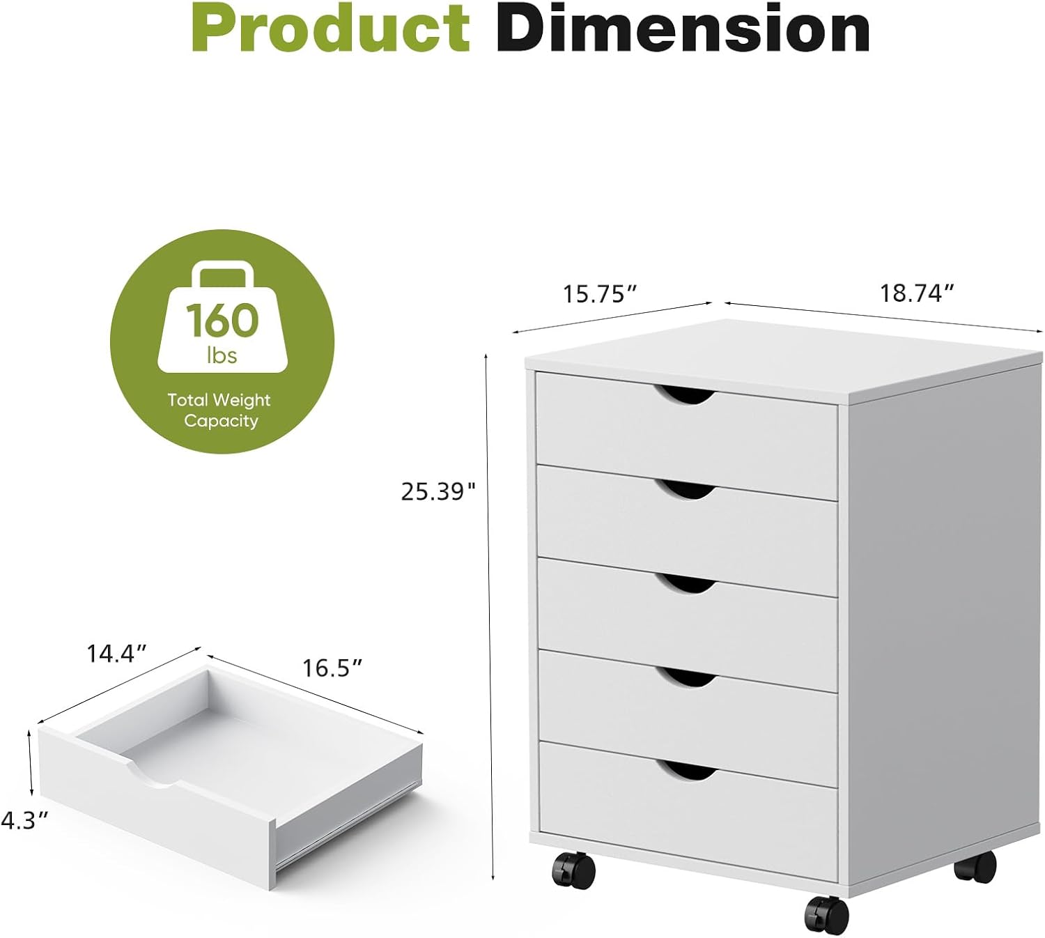 Sweetcrispy 5 Drawer Wooden Dresser, Storage Cabinets, Room Organization | Mobile Rolling Wheels, Vertical Organizer Chest, Home Office Bedroom Furniture, White Wood