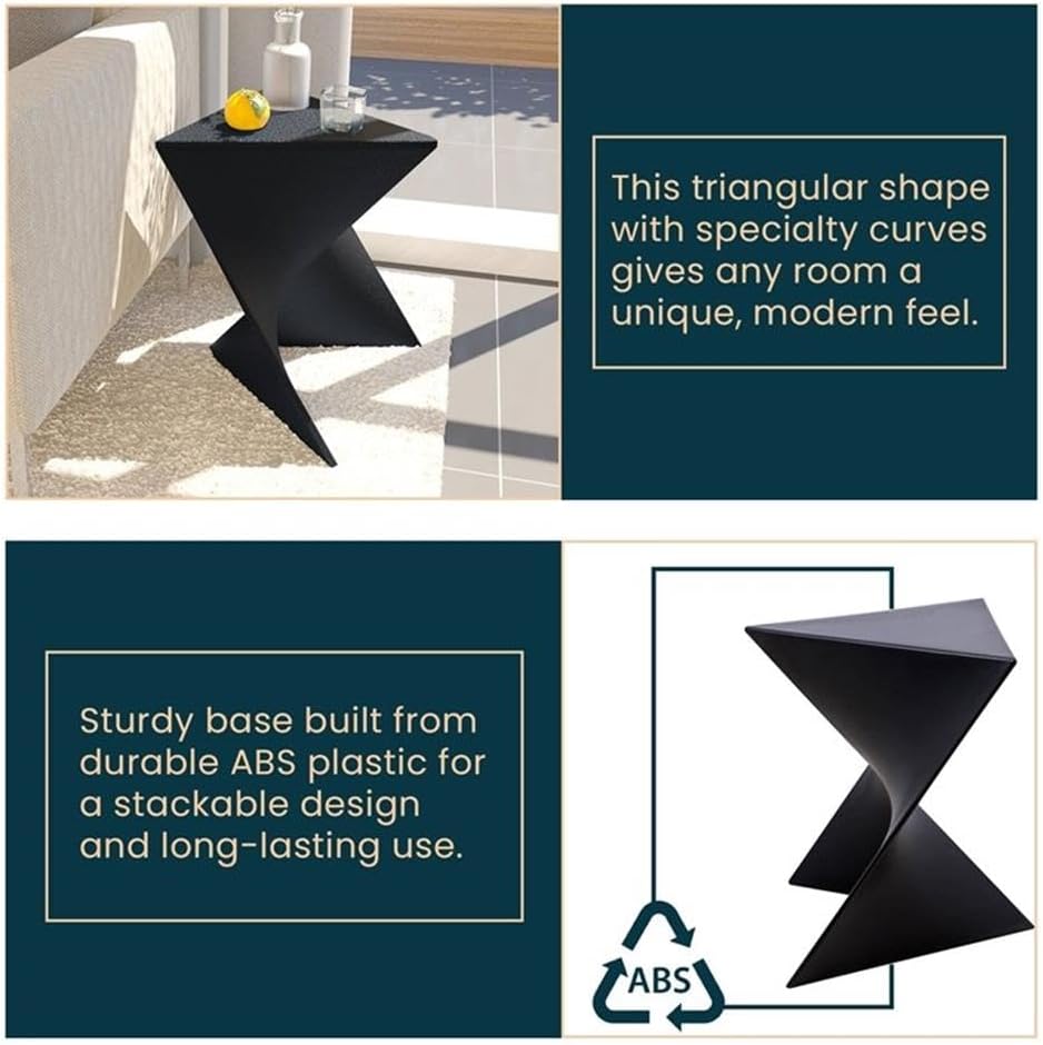 BOWERY HILL Contemporary Plastic Triangle End Table, Black Finish, 17 in H x 15.75 in W x 15.5 in D, Stackable Lightweight Design, Durable Versatile Stool or Side Table for Living Room or Bedroom