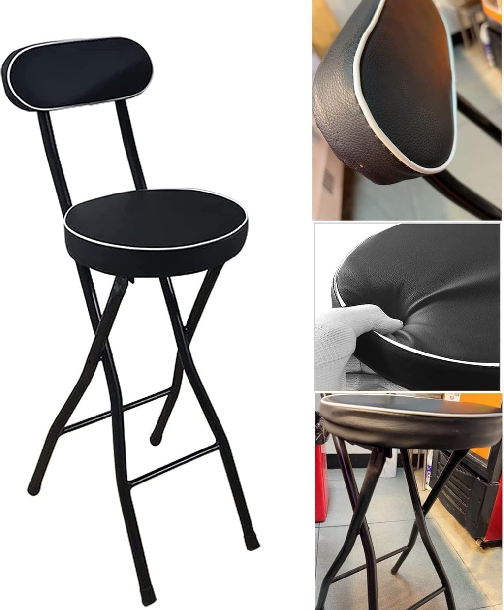 Black Folding Breakfast Kitchen Bar Stool Counter Height High Chair with Backrest Cushioned Padded Footrest(Black,55cm/22inch)