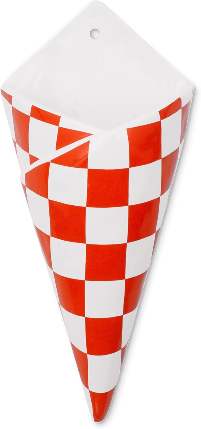 ban.do Vintage Inspired Checkered Bag Decorative Ceramic Wall Vase, Unique Home/Kitchen/Office Accent, Checkered Bag