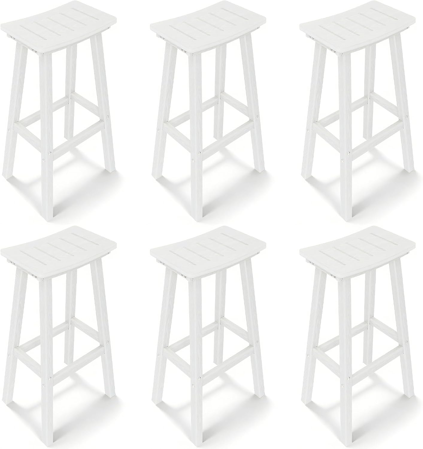 Outdoor Bar Stools Set of 6, 29 Inch All-Weather HDPE Bar Height Chairs, 500lbs Heavy Duty Patio Stools with Saddle Seat for Pub Table, Deck, Backyard(White, 6 Pcs 29")