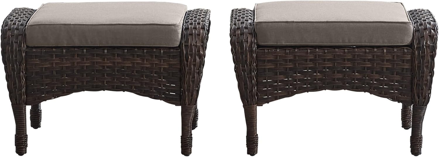 Outdoor Ottomans for Patio Foot Rest - 25 Inch PE Wicker Foot Stool Set of 2 with Removable Cushions for Patio Furniture Sets,All Weather Rattan Ottoman for Balcony Deck Blue/Gray