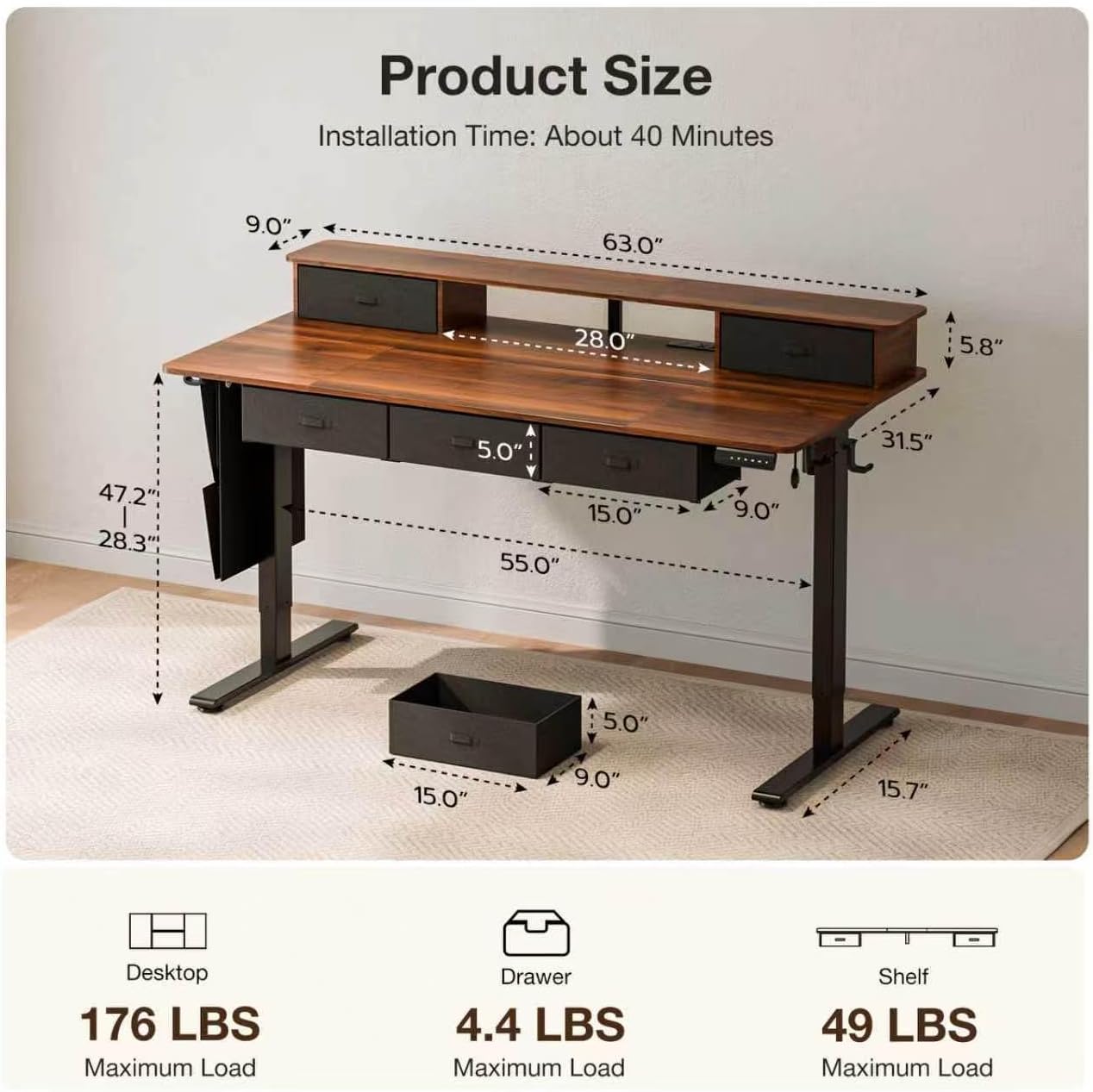 63x32″ Electric Standing Desk with 5 Drawers, Sit Stand Desk with Power Outlets, Monitor Shelf, RGB LED Lights and Cable Management, Height Adjustable 28.3"-47.2" for Home & Office, Walnut