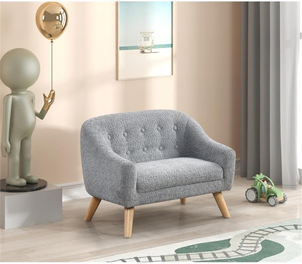 Lilola Home Amelia 28-inch Kids Gray Chenille Accent Sofa with Tufted Back, Natural Wood Legs, Foam-Filled Seat with Pocket Coil Springs – Child-Sized Upholstered Sofa for Playroom, Bedroom,Read Nook