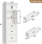 Unikito 80" Tall Kitchen Pantry Storage Cabinet with Glass Doors, Adjustable Shelves & 3 Drawers, Versatile Tall Storage Cupboard for Kitchen, Dining Room, Living Room, Bathroom White