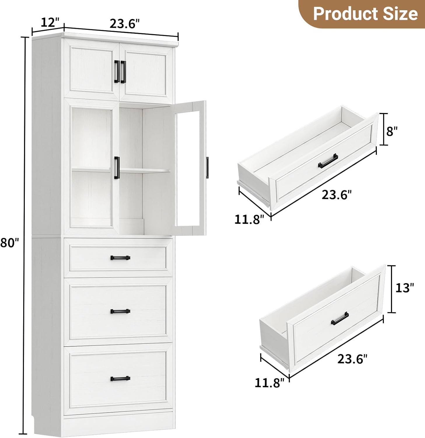 Unikito 80" Tall Kitchen Pantry Storage Cabinet with Glass Doors, Adjustable Shelves & 3 Drawers, Versatile Tall Storage Cupboard for Kitchen, Dining Room, Living Room, Bathroom White