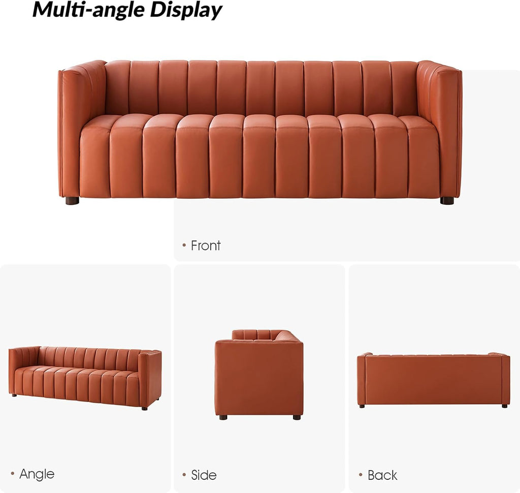 HULALA HOME 83" Genuine Leather Sofa with Channel Tufted Design, 3-Seater Sofa for Living Room Bedroom, Modern Oversized Couch with Wood Legs, Brick