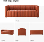 HULALA HOME 83" Genuine Leather Sofa with Channel Tufted Design, 3-Seater Sofa for Living Room Bedroom, Modern Oversized Couch with Wood Legs, Brick
