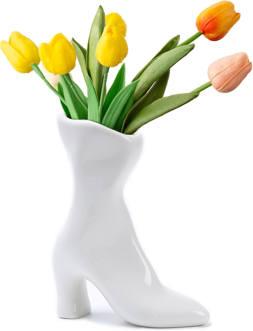 7.9" Ceramic High Heel Boot Vase for Modern Home Decor-White | CERAMIC BOOT VASE: High heel design in white,Trendy accent for coffee tables centerpiece; quirky gift for women.