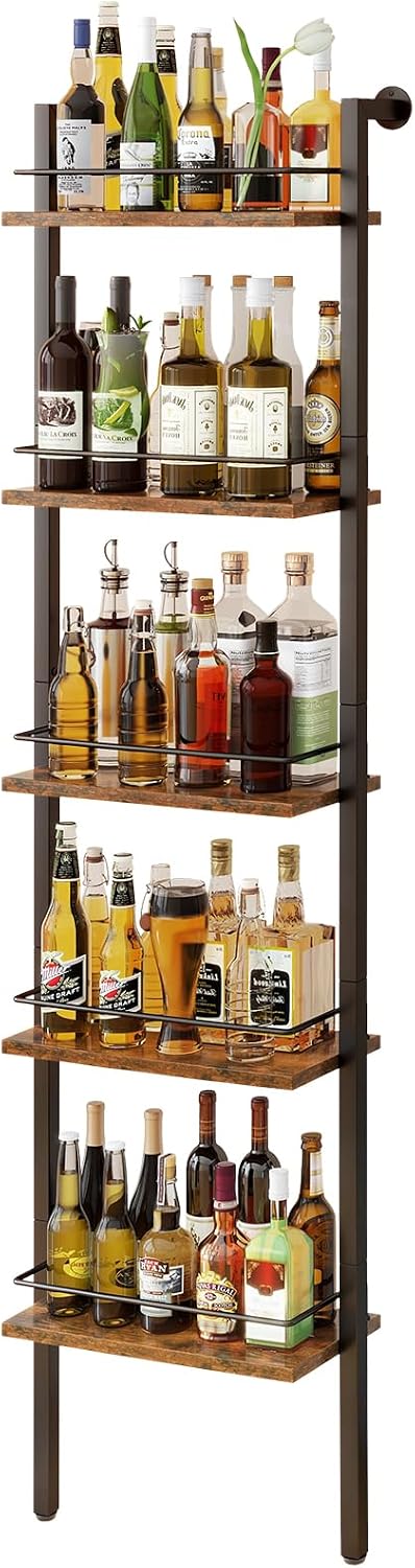 YMYNY 5-Tier Freestanding Wine Racks，Liquor Bottle Display Shelf with Fences, Wall Mounted Floating Shelf Storage Stand for Kitchen, Dining Room, 16.93''L x 7.87''W x 69.68''H Vintage Brown UHWR001H