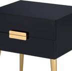 Penau Black and Gold End Table, Rectangular High Gloss Engineered Wood Top, Metal Tapered Gold Legs, 2 Drawers Storage Nightstand, 16.00 x 20.00 x 24.00 Inchs